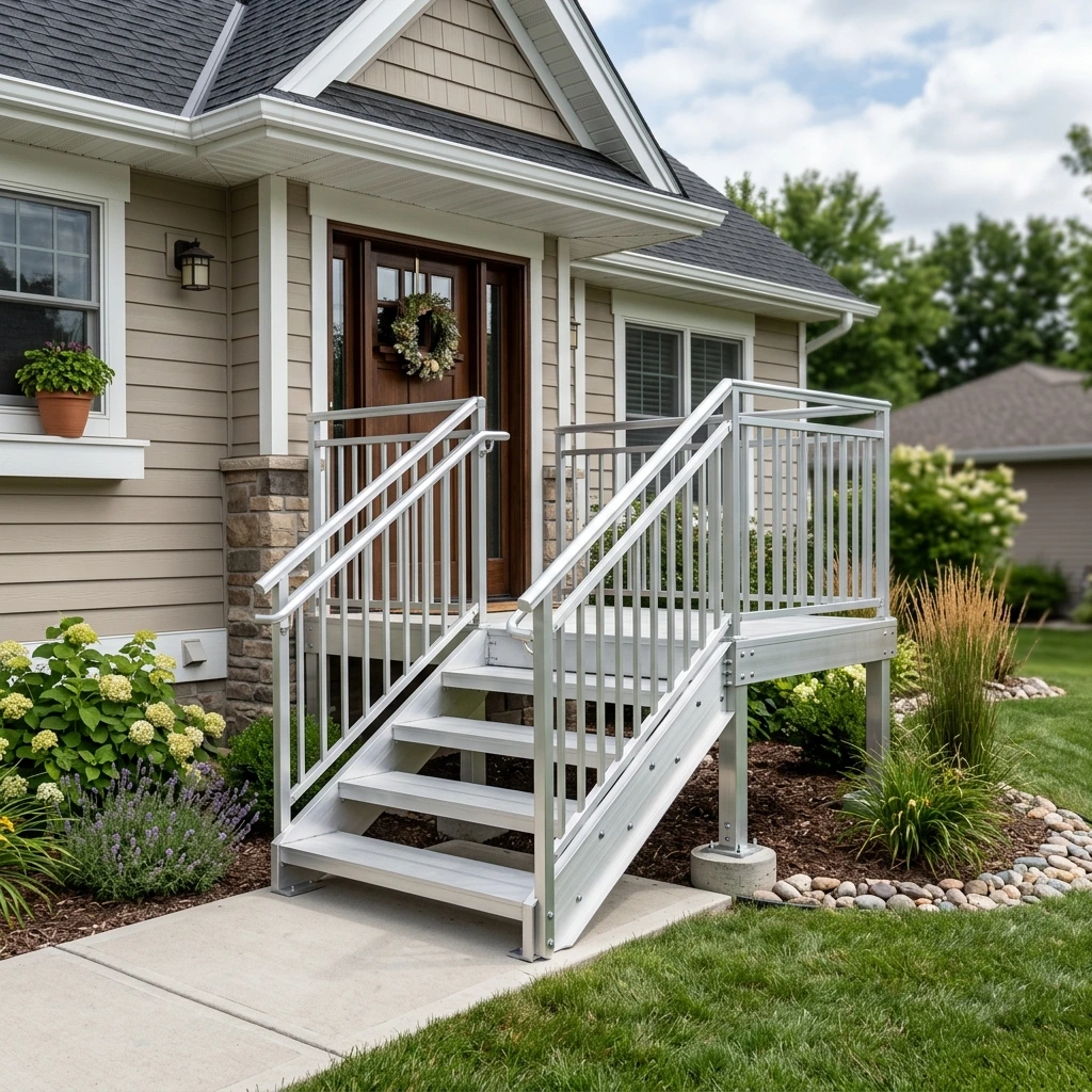Modular aluminum steps with handrails and platform