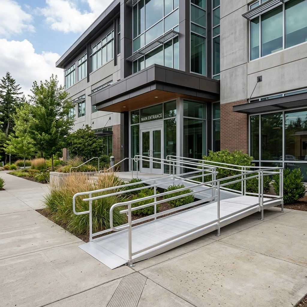 Commercial ADA-compliant aluminum ramp system at a building entrance