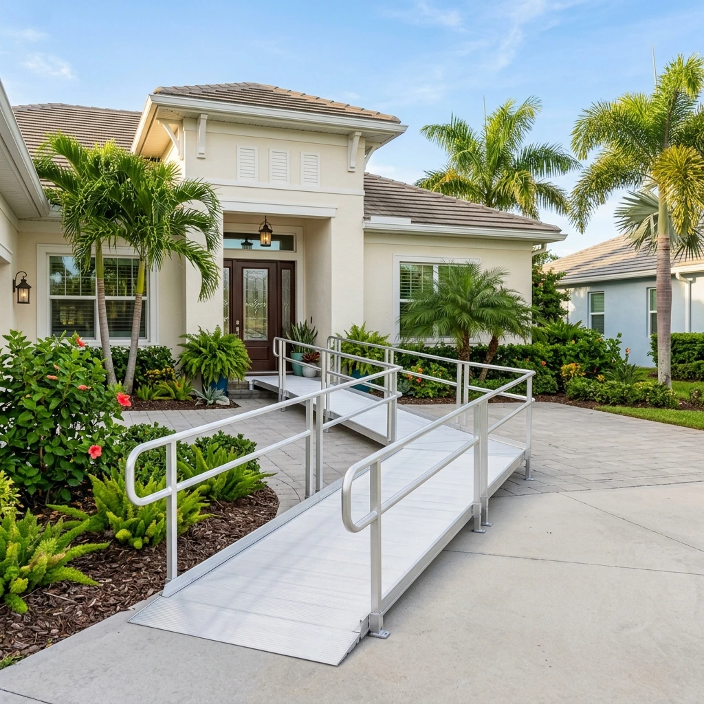 Aluminum wheelchair ramp installed at a beautiful Florida home