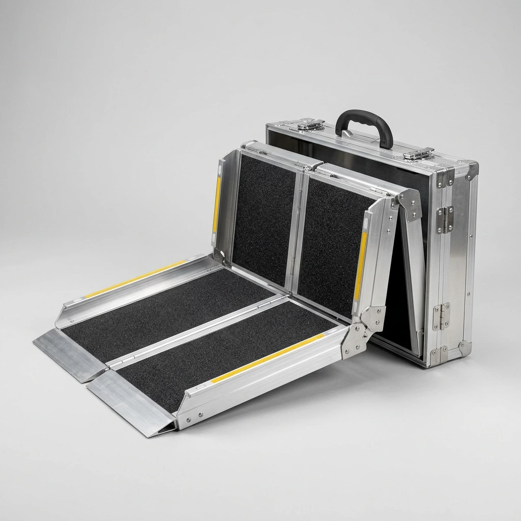 Portable folding aluminum wheelchair ramp for travel