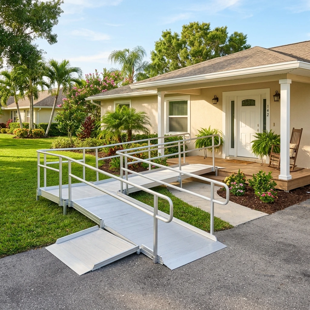 Residential aluminum wheelchair ramp with handrails installed at a Florida home